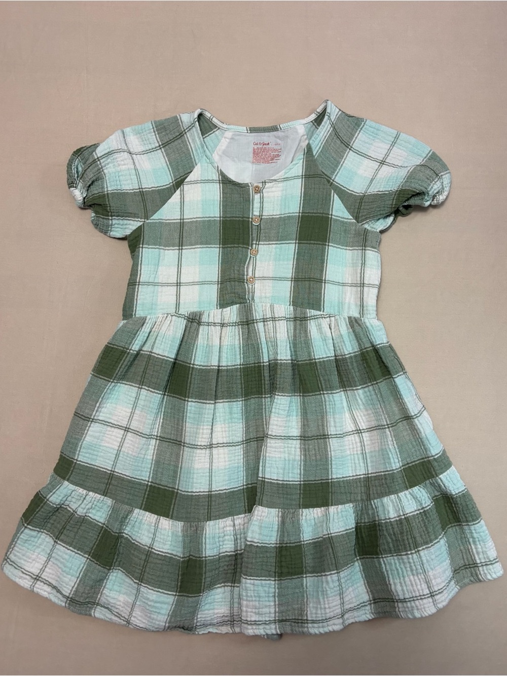 Cat & Jack Girls Green and White Plaid Puff-Sleeve Dress Size Large